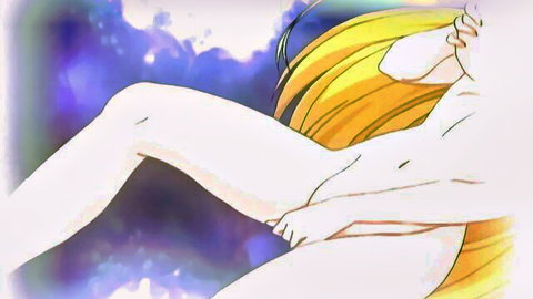 Nude blonde hentai elf princess with long hair in explicit gangbang pose