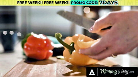 Natasha Nice and Siri Dahl chopping peppers in steamy kitchen tease