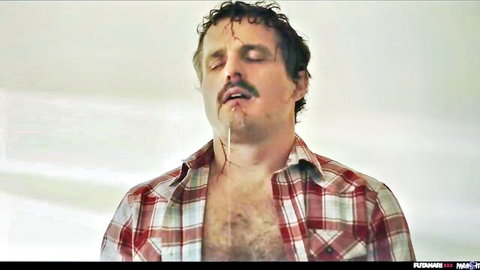 Sweaty hairy-chested mustached man dripping thick red cum from mouth after intense facial