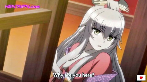 Silver-haired Japanese hentai babe with green eyes in pink kimono asks why are you here