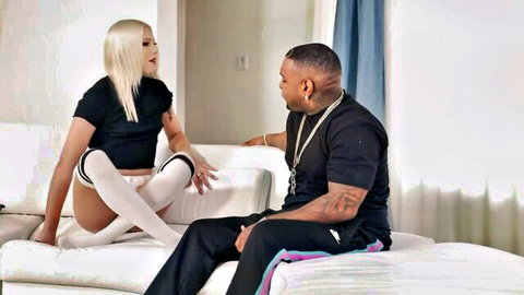 Chanel Grey in interracial chat with black stud, thigh highs, couch