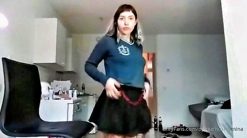 Amateur brunette cam girl teasing skirt lift in solo show