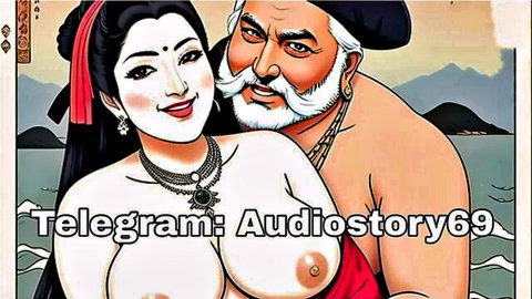 Desi Indian woman topless with older bearded man, erotic couple embrace from sex story audio
