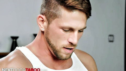 Muscular bearded man in white tank top, mischievous foreign exchange student from Love Trans Sex