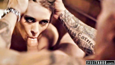 Tattooed man grips skinny short-haired babe's head forcing rough deepthroat on thick cock with messy saliva