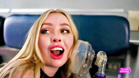 Excited blonde babe smiling with toy in thrilling XXX scene