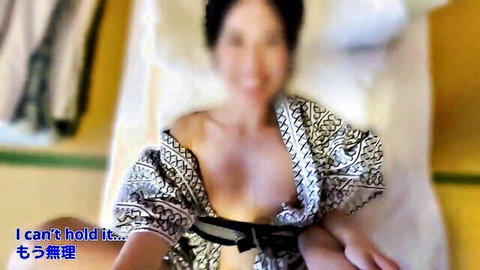 Blurry smiling Asian beauty in off-shoulder dress with deep cleavage, slutty senior tease