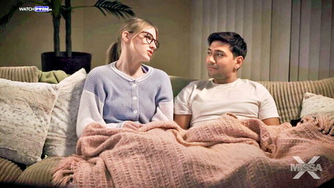 Melody Marks cozy movie night cuddle with guy on couch, MissaX