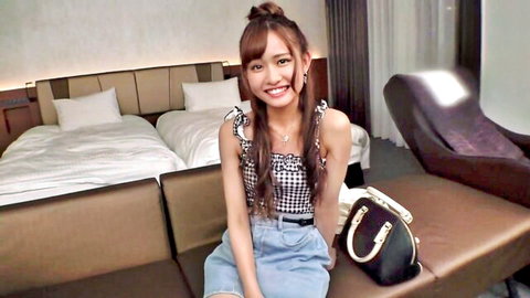 Cute Japanese beer vendor Tenten-chan smiling in checkered crop top and denim skirt