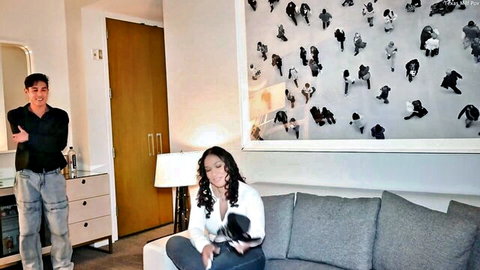 Asian guy stands as black woman with dog sits on couch in teasing prelude to taboo watch