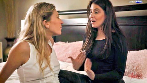 Addison Vodka and Aubree Valentine in intimate lesbian bedroom chat, clothed