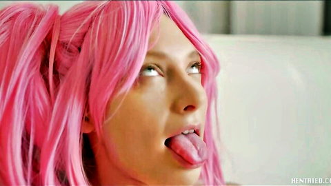 Talia Mint with pink twin tails sticks out tongue in seductive Hentaied scene