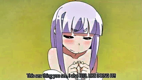 Blushing purple-haired hentai girl with bare tits shyly clasping hands over chest