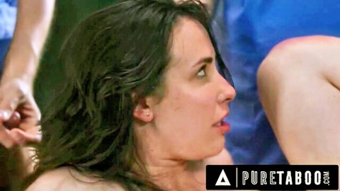 Pregnant brunette in blue dress, intense side profile from Pure Taboo pregnant scene