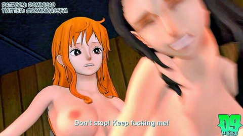 Nami and Robin nude in steamy One Piece hentai scene, passionate embrace