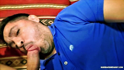 Bearded Latino man sucking cock in raw POV threesome