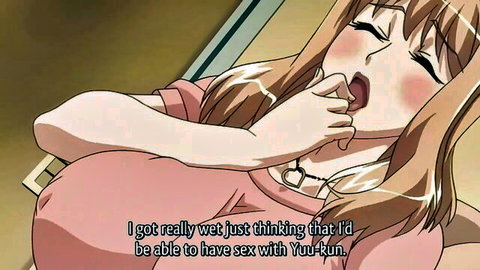 Blonde anime MILF in pink dress aroused, wet thinking about sex with Yuu-kun