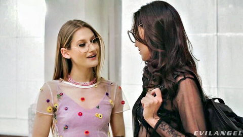 Blonde Tiffany in sheer purple top chats with brunette in black mesh before BBC action