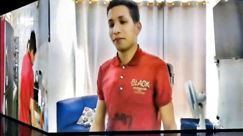 Young Latino man in red BLACK polo shirt, cuckold step-brother scene