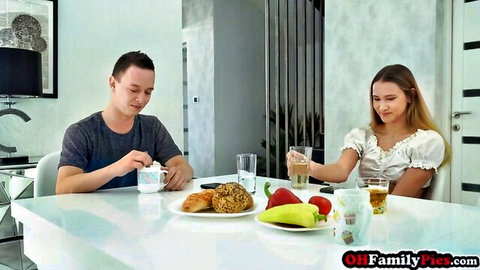 Blonde stepsis and stepbro sharing breakfast, teasing taboo encounter
