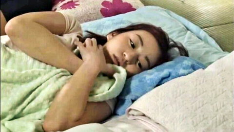 Sneaky Asian step-daughter looking innocent in bed before tight pussy pounding