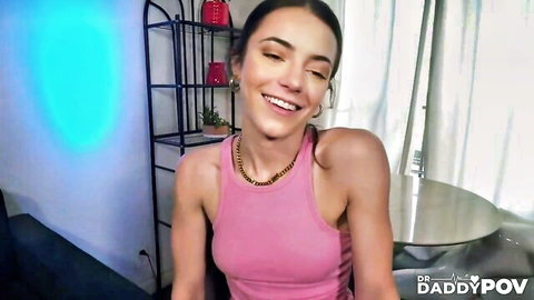 Brunette smiling seductively in tight pink tank top daddy POV tease