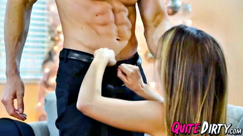 Dillion Harper teasing muscular man's bulge, ready for blowjob