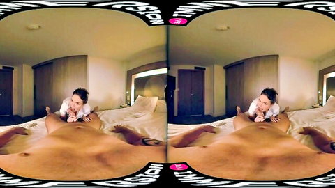 Hot MILF in white blouse kissing muscular tattooed man in bed