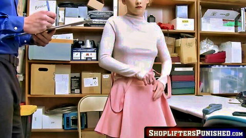 Petite Athena Rayne confronted by security for shoplifting in office skirt