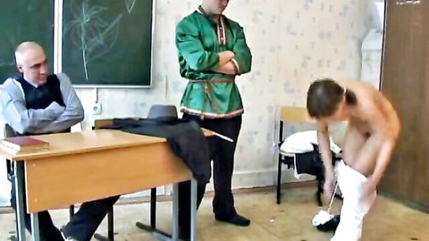 College teen naked bent over for brutal caning in BDSM classroom session