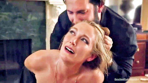 Mona Wales topless in BDSM punishment, man pulling hair and kissing neck