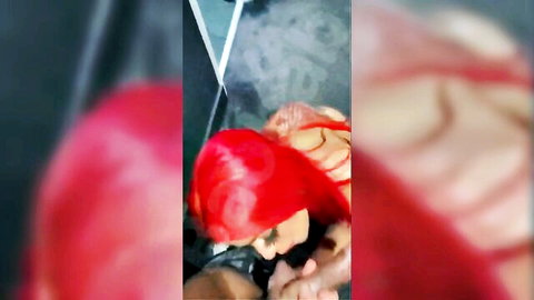 Blurry POV closeup of redhead curvy MILF handgagged during rough blowjob