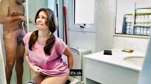 Shocked step-niece on toilet catches naked step-uncle in bathroom surprise