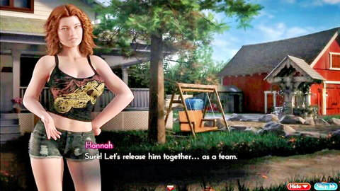 Redhead Hannah in tank top and shorts with Suriel's teasing release suggestion
