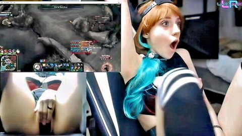 Skinny gamer girl with red hair fingers tight pussy while playing on webcam