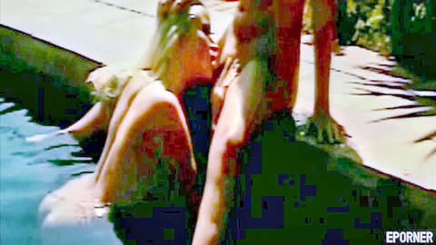 Wet blonde big tits babe kissing nude muscular guy in outdoor pool embrace