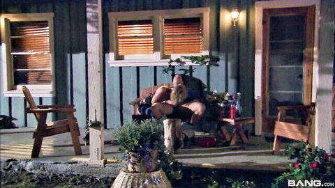 Cheating wife rides stranger's cock on porch in cowgirl - natural tits exposed