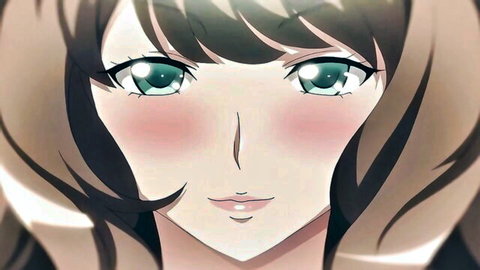 Blushing anime hentai babe with big sparkling green eyes and pink cheeks closeup