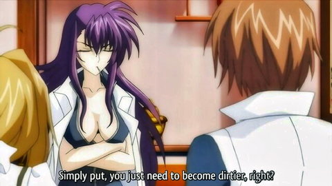Anime scene from Beat Blades Haruko 3 with purple-haired woman in open lab coat showing cleavage