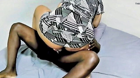 White woman in patterned dress rides thick BBC reverse cowgirl, pussy stretched on black cock