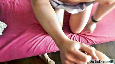 POV amateur girlfriend skirt lifted exposing tight pussy fingered by boyfriend on pink bed