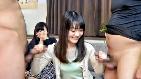 Three naughty Asian babes smiling and reaching for censored hard cock in teasing threesome
