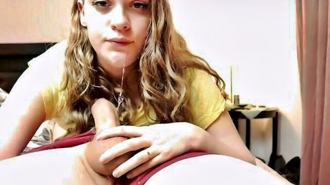 POV of blonde teen gripping thick veiny big cock near her mouth in amateur blowjob tease