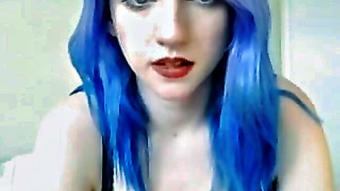 Sexy blue-haired amateur webcam babe with plump red lips teasing closeup