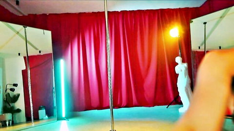 Empty strip club stage with red curtains, stripper poles, neon lights, mirrors and spotlight for hot pole dancing babes
