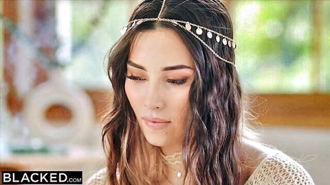 Stunning Aria Lee in gold coin headpiece and sheer lace top