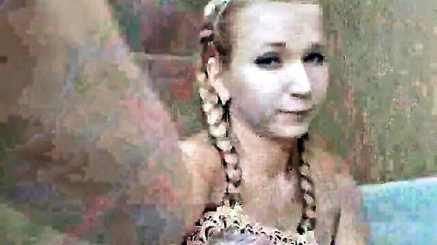 Blonde pigtail girl in topless sexy webcam dance tease