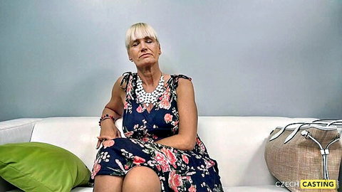 Belle Claire mature blonde in floral dress at Czech casting audition