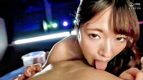 Uesaka Mei topless oral sex closeup in car, tongue out on cock