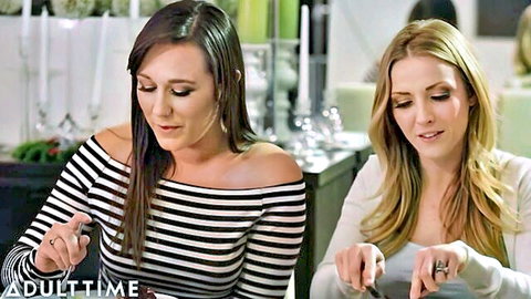 Cheating Housewife and Blonde Lesbian Babe Seduction Dinner Scene - Adult Time